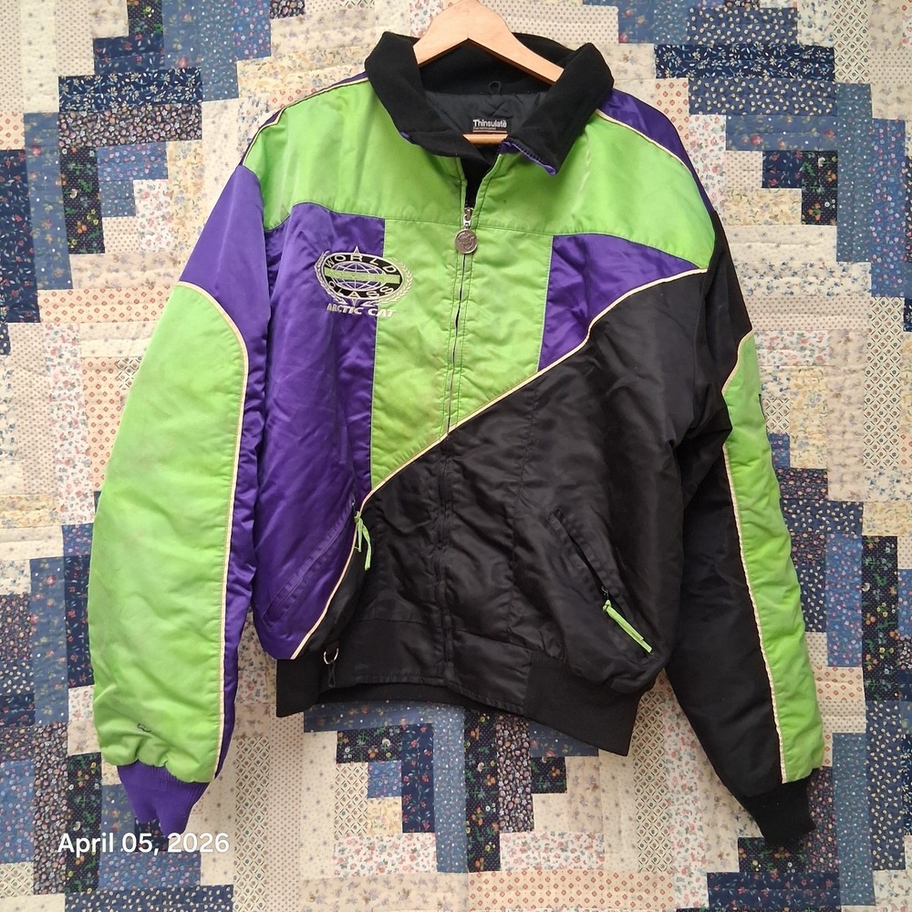 Vintage Retro Arctic Cat Satin Snowmobile Jacket Size Large Tall LT Thinsulate